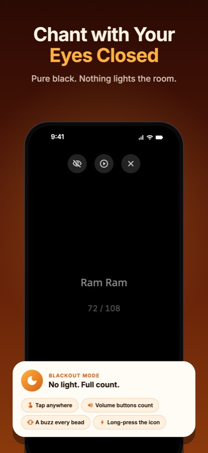 Blackout mode: a pure black screen showing only the mantra and 72 of 108.